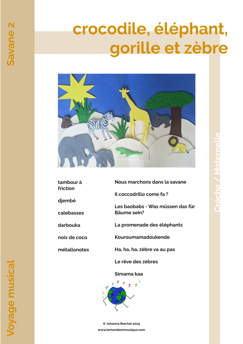 Crocodile, éléphant, gorille et zèbre